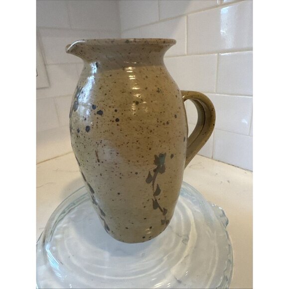 Small Handmade Pitcher Brown With Flowers 7 1/2 Tall Vintage - Picture 8 of 16